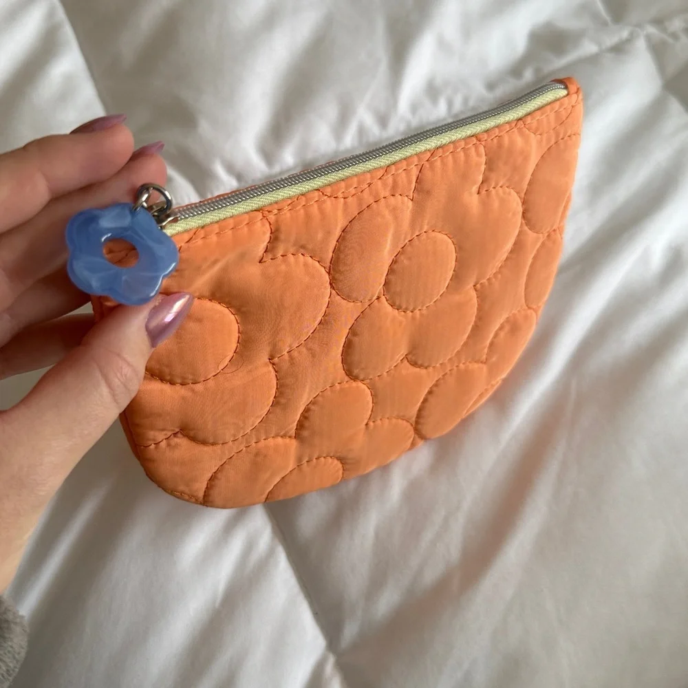 NWT April Ipsy Glam Bag! Orange Quilted Pouch with Blue Flower Charm